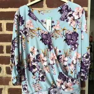 Blue Floral Mock Wrap Shirt